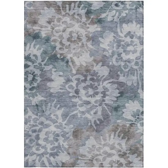 Blue And Silver Floral Washable Indoor Outdoor Area Rug Photo 1