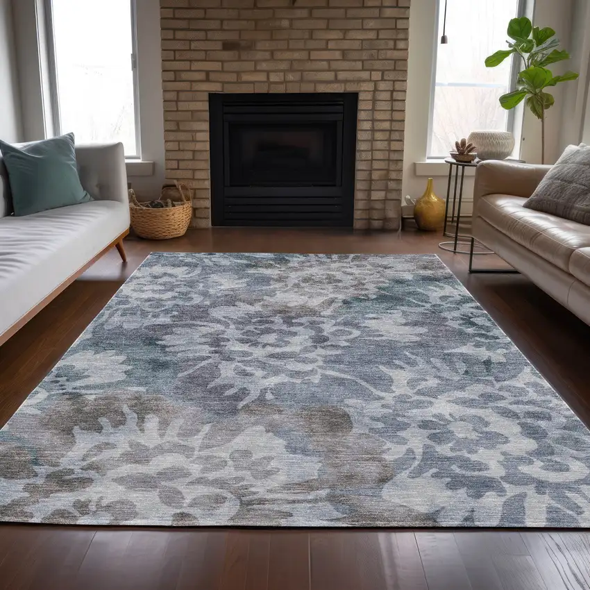 Blue And Silver Floral Washable Indoor Outdoor Area Rug Photo 6