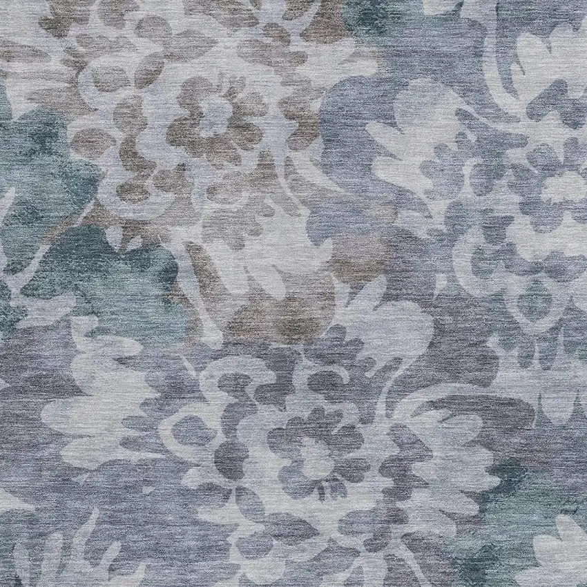 Blue And Silver Floral Washable Indoor Outdoor Area Rug Photo 3