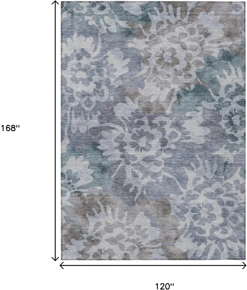 Blue And Silver Floral Washable Indoor Outdoor Area Rug Photo 9