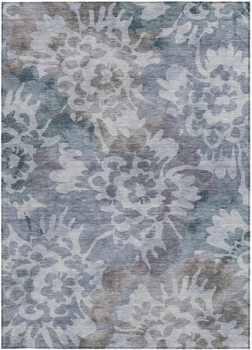 Blue And Silver Floral Washable Indoor Outdoor Area Rug Photo 9