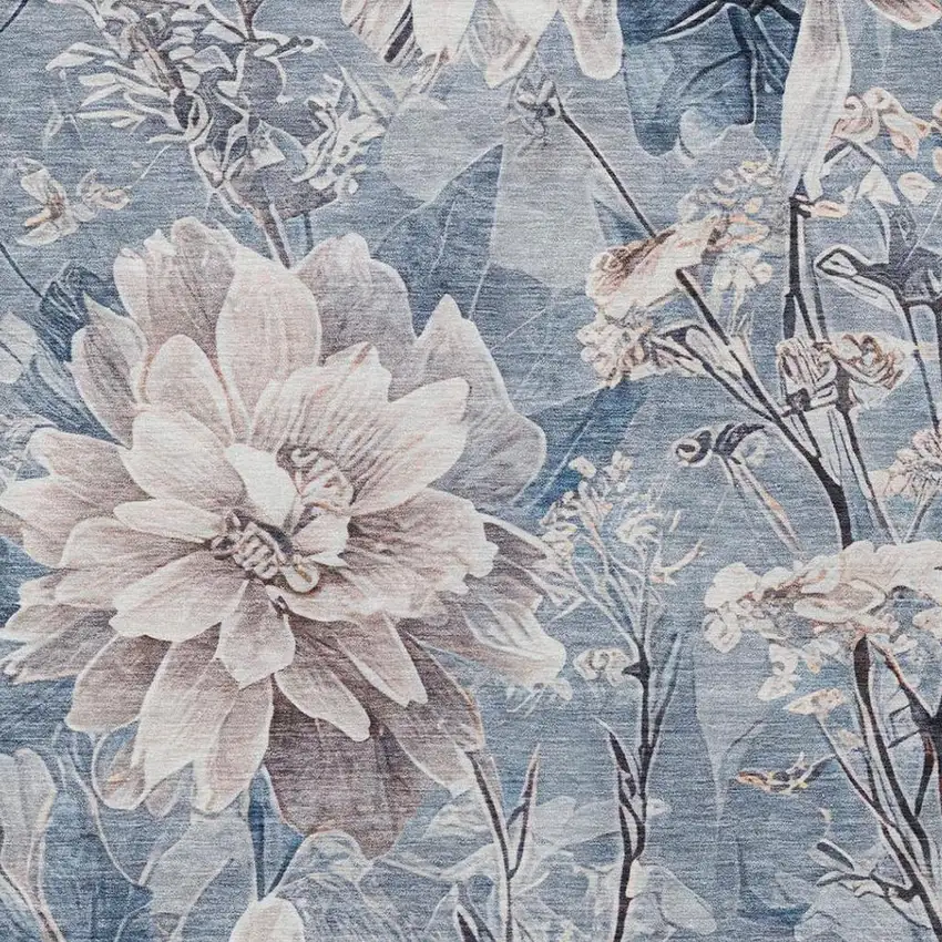 Blue And Silver Floral Washable Indoor Outdoor Area Rug Photo 9