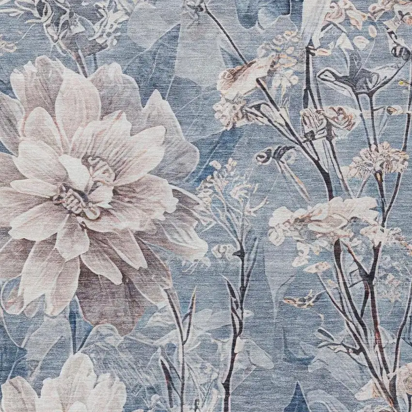 Blue And Silver Floral Washable Indoor Outdoor Area Rug Photo 8