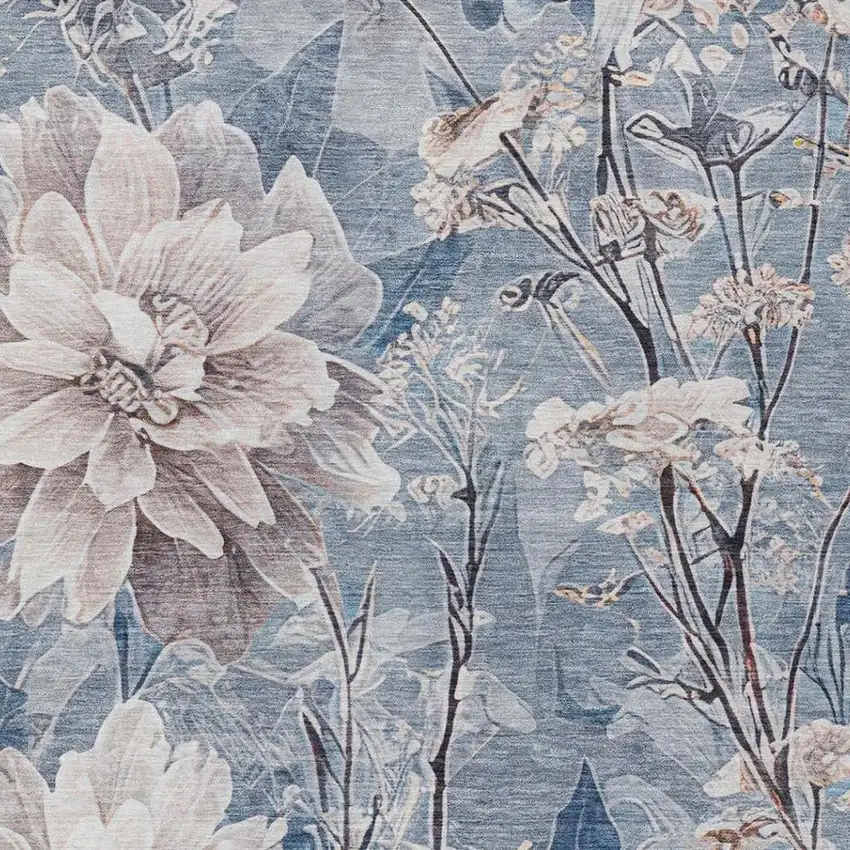Blue And Silver Floral Washable Indoor Outdoor Area Rug Photo 5