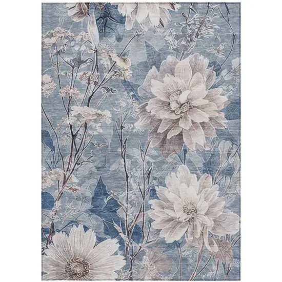 Blue And Silver Floral Washable Indoor Outdoor Area Rug Photo 2