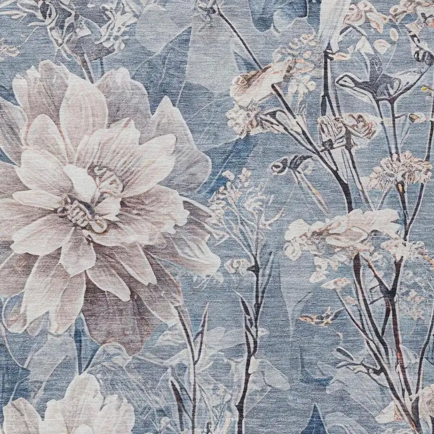 Blue And Silver Floral Washable Indoor Outdoor Area Rug Photo 6