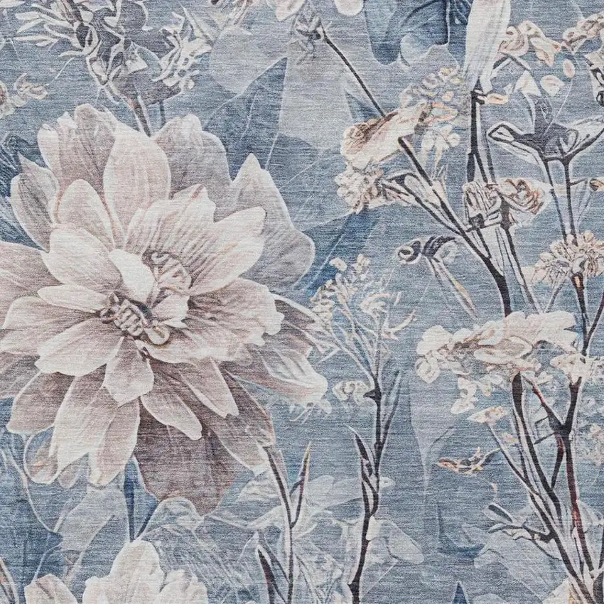 Blue And Silver Floral Washable Indoor Outdoor Area Rug Photo 9
