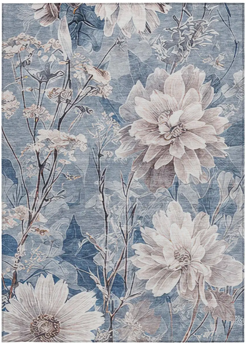 Blue And Silver Floral Washable Indoor Outdoor Area Rug Photo 2