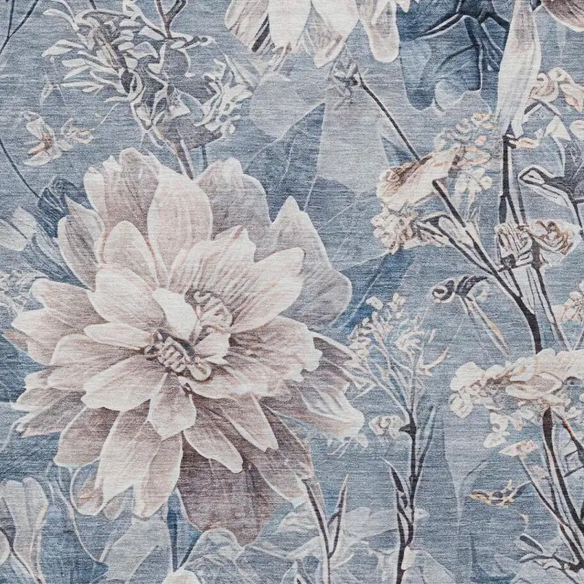 Blue And Silver Floral Washable Indoor Outdoor Area Rug Photo 4