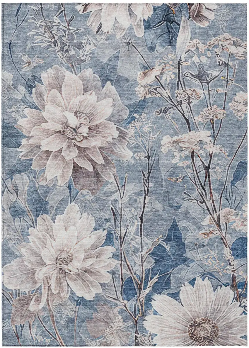 Blue And Silver Floral Washable Indoor Outdoor Area Rug Photo 3