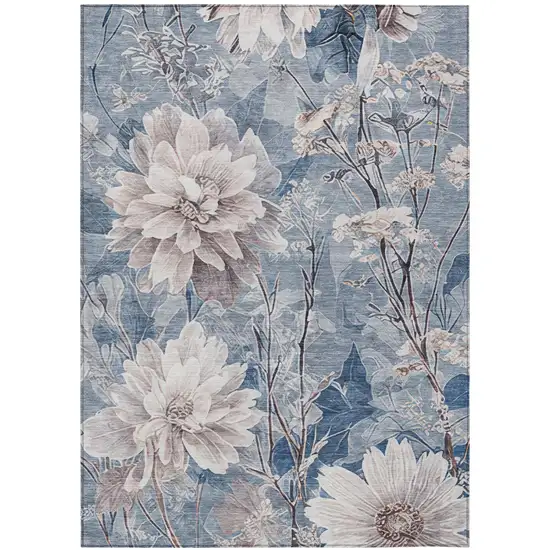 Blue And Silver Floral Washable Indoor Outdoor Area Rug Photo 3