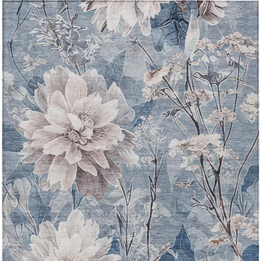 Blue And Silver Floral Washable Indoor Outdoor Area Rug Photo 8