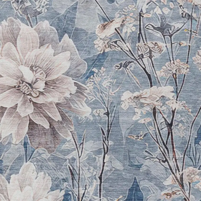 Blue And Silver Floral Washable Indoor Outdoor Area Rug Photo 6