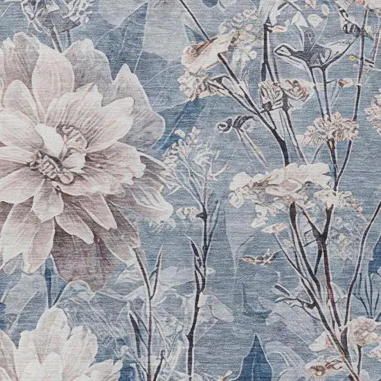 Blue And Silver Floral Washable Indoor Outdoor Area Rug Photo 6
