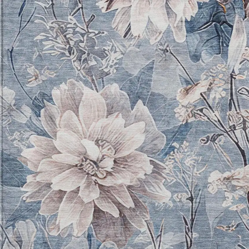 Blue And Silver Floral Washable Indoor Outdoor Area Rug Photo 1