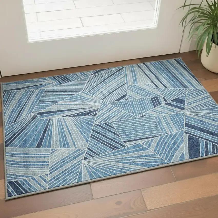 Blue And Silver Geometric Washable Area Rug With UV Protection Photo 2