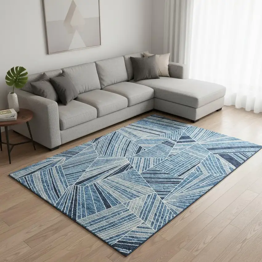 Blue And Silver Geometric Washable Area Rug With UV Protection Photo 2