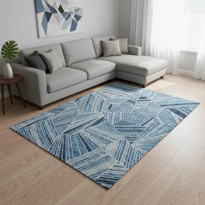 Blue And Silver Geometric Washable Area Rug With UV Protection Photo 2