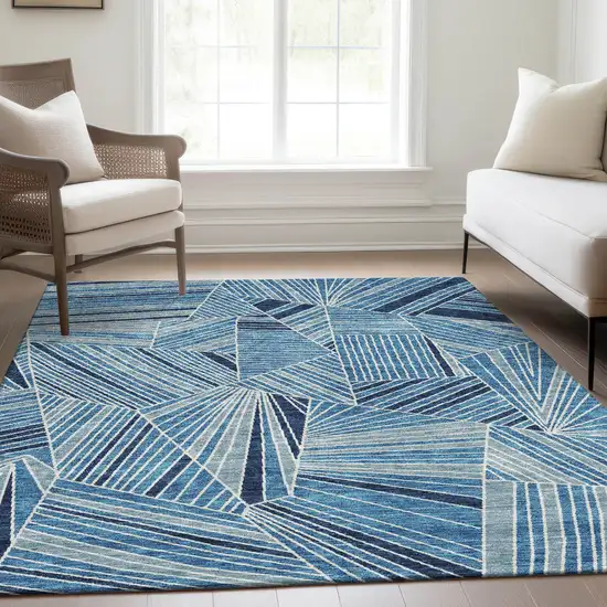 Blue And Silver Geometric Washable Area Rug With UV Protection Photo 6