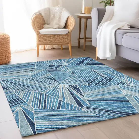Blue And Silver Geometric Washable Area Rug With UV Protection Photo 5