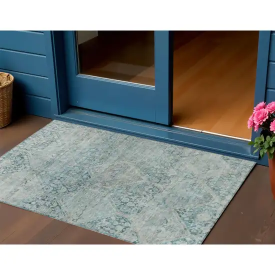 Blue And Silver Geometric Washable Indoor Outdoor Area Rug Photo 2