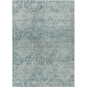 Photo of Blue And Silver Geometric Washable Indoor Outdoor Area Rug