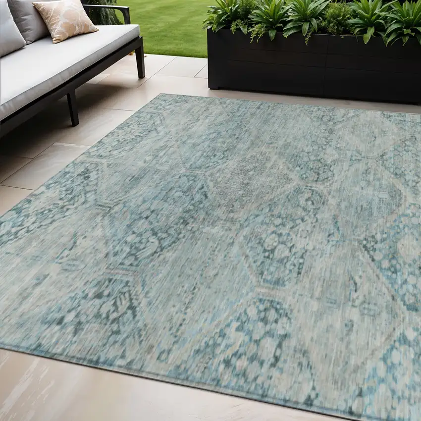 Blue And Silver Geometric Washable Indoor Outdoor Area Rug Photo 2