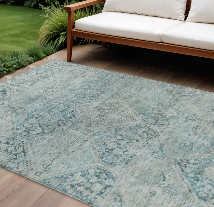 Blue And Silver Geometric Washable Indoor Outdoor Area Rug Photo 2