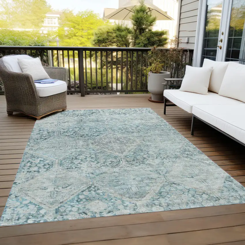 Blue And Silver Geometric Washable Indoor Outdoor Area Rug Photo 8
