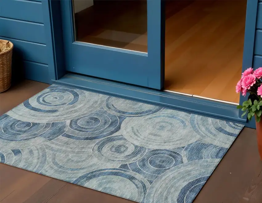 Blue And Silver Geometric Washable Indoor Outdoor Area Rug Photo 2