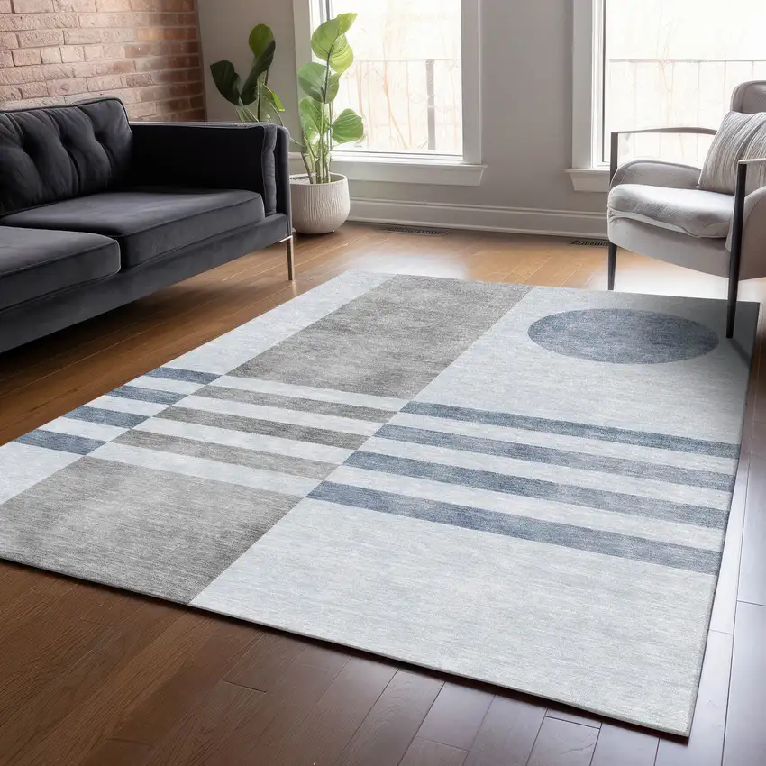 Blue And Silver Geometric Washable Indoor Outdoor Area Rug Photo 5