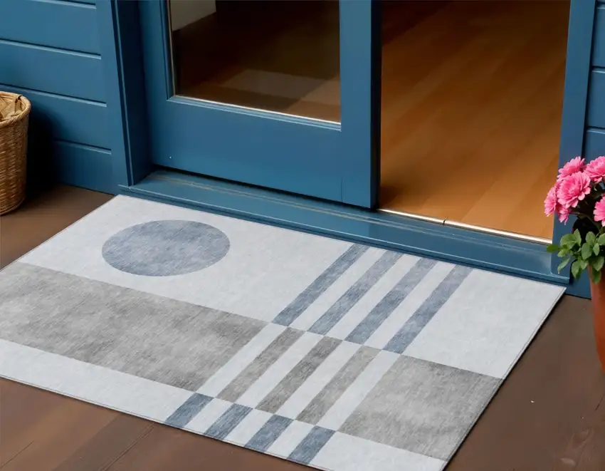 Blue And Silver Geometric Washable Indoor Outdoor Area Rug Photo 2