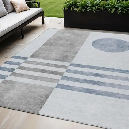 Blue And Silver Geometric Washable Indoor Outdoor Area Rug Photo 2