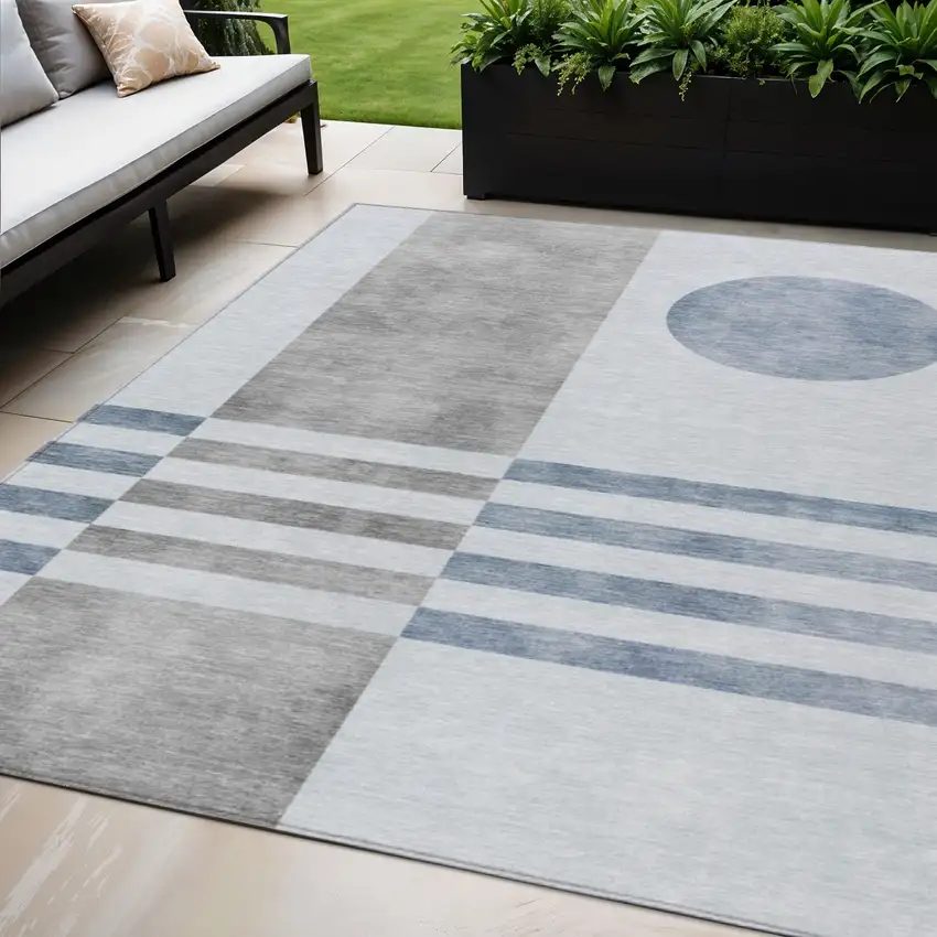 Blue And Silver Geometric Washable Indoor Outdoor Area Rug Photo 2