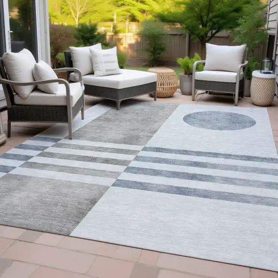Blue And Silver Geometric Washable Indoor Outdoor Area Rug Photo 9