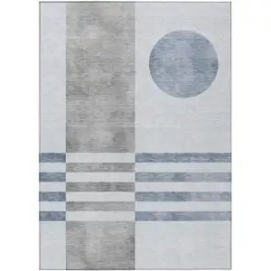 Photo of Blue And Silver Geometric Washable Indoor Outdoor Area Rug