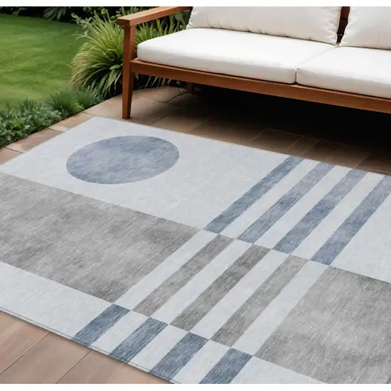 Blue And Silver Geometric Washable Indoor Outdoor Area Rug Photo 2
