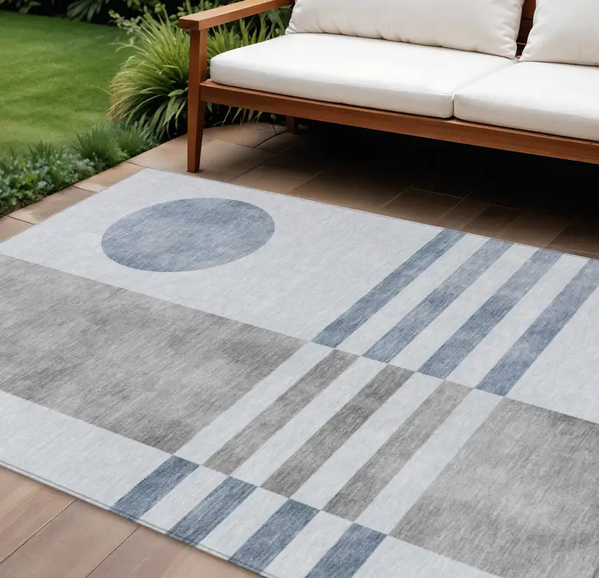 Blue And Silver Geometric Washable Indoor Outdoor Area Rug Photo 2