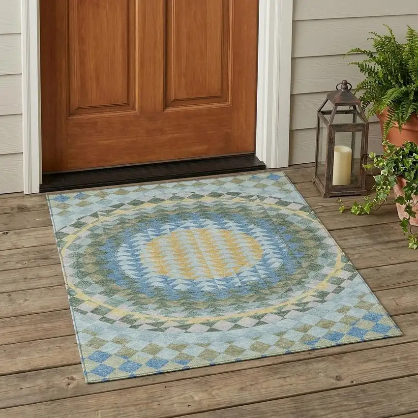 Blue And Silver Geometric Washable Indoor Outdoor Area Rug Photo 1