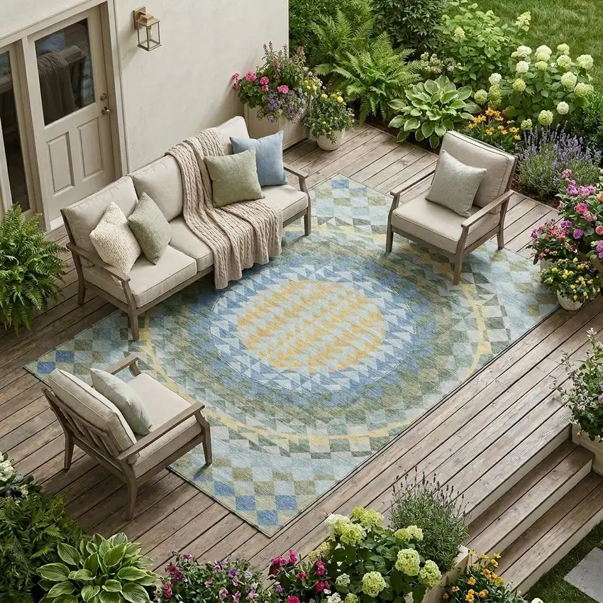 Blue And Silver Geometric Washable Indoor Outdoor Area Rug Photo 1