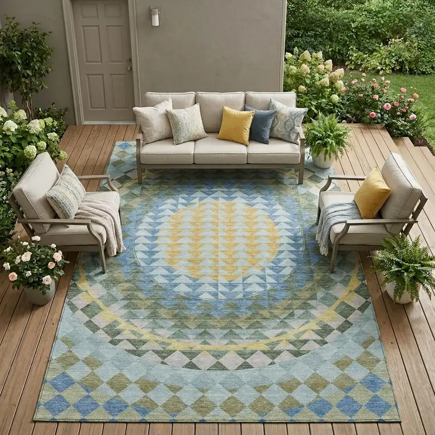 Blue And Silver Geometric Washable Indoor Outdoor Area Rug Photo 1