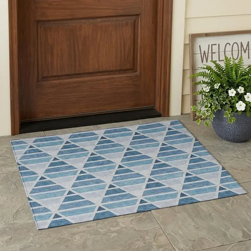 Blue And Silver Geometric Washable Indoor Outdoor Area Rug Photo 1