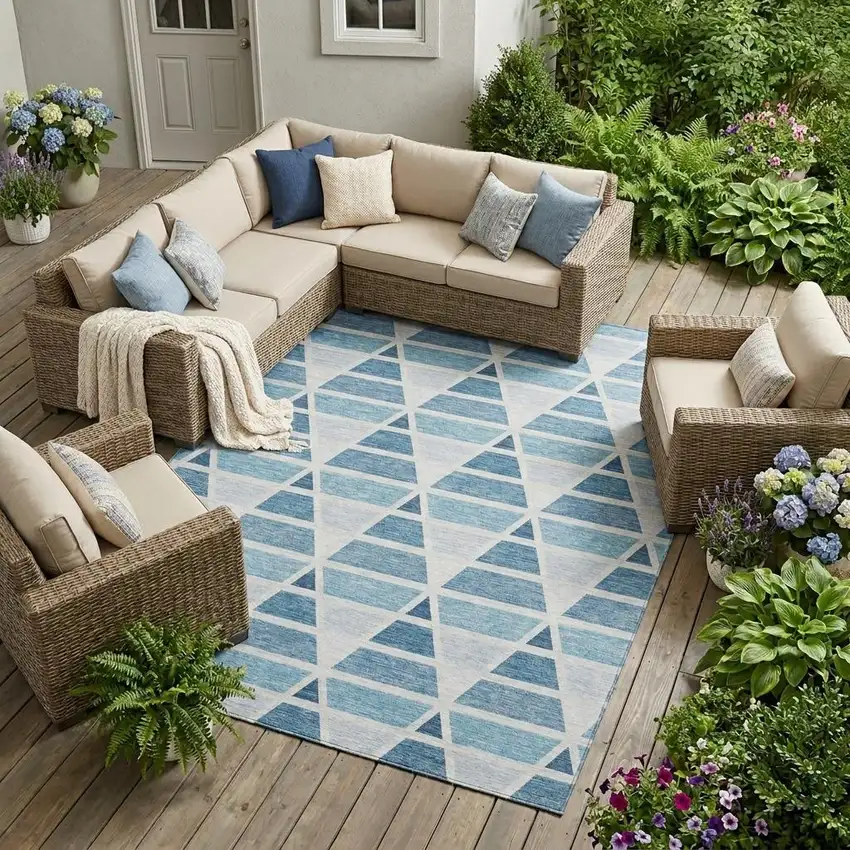 Blue And Silver Geometric Washable Indoor Outdoor Area Rug Photo 1