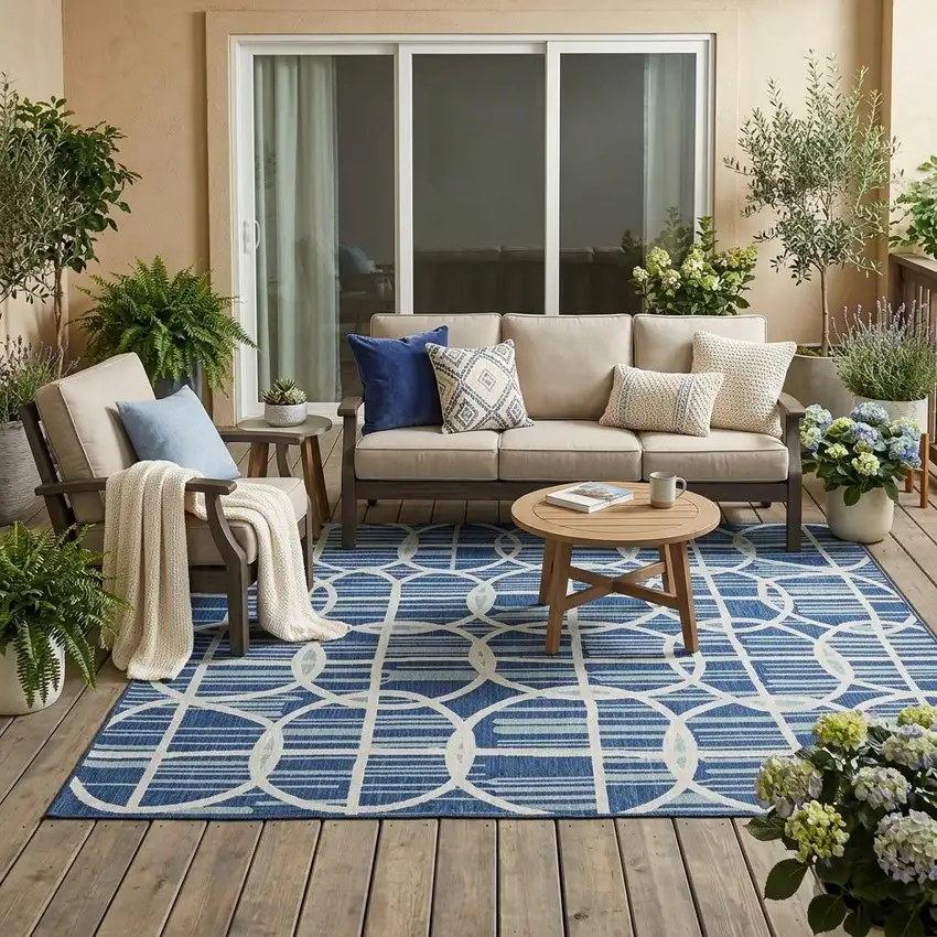 Blue And Silver Geometric Washable Indoor Outdoor Area Rug Photo 1