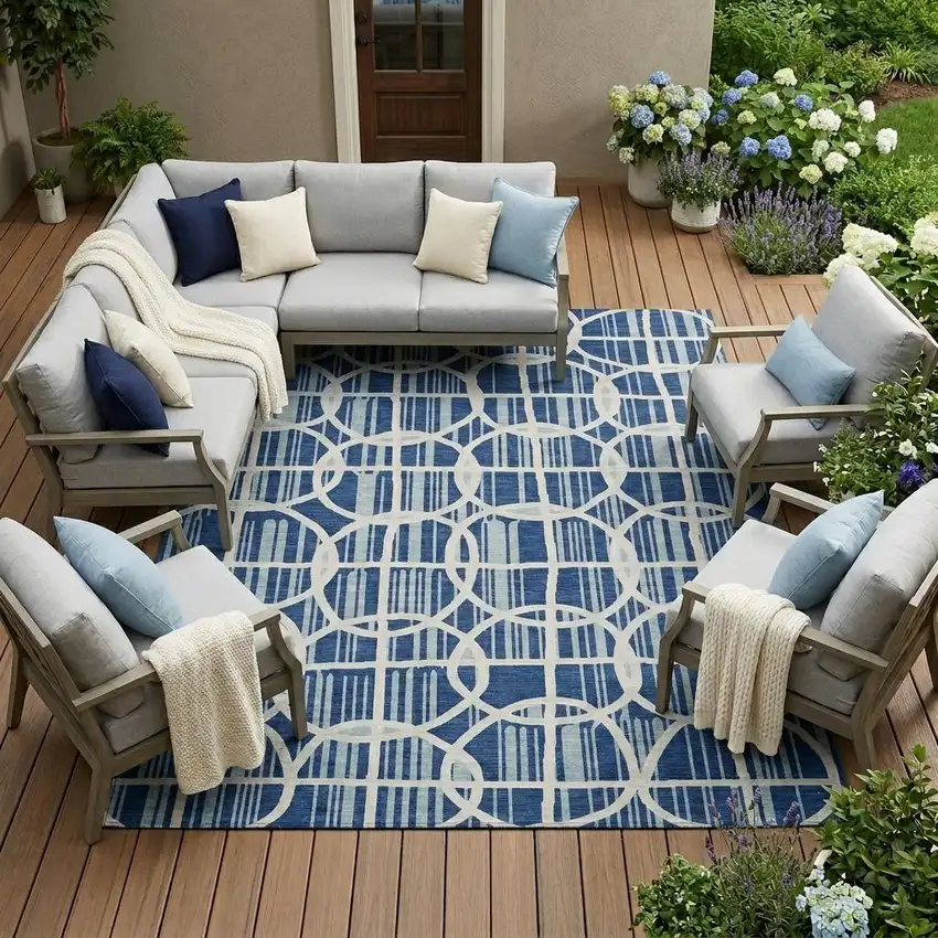 Blue And Silver Geometric Washable Indoor Outdoor Area Rug Photo 1