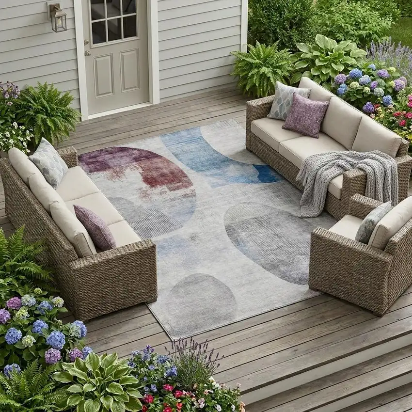 Blue And Silver Geometric Washable Indoor Outdoor Area Rug Photo 1
