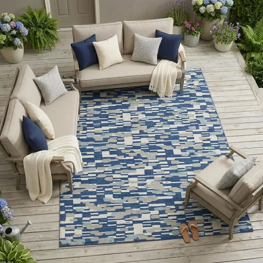 Blue And Silver Geometric Washable Indoor Outdoor Area Rug Photo 1