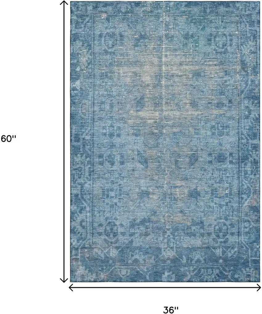 Blue And Silver Oriental Washable Area Rug With UV Protection Photo 3
