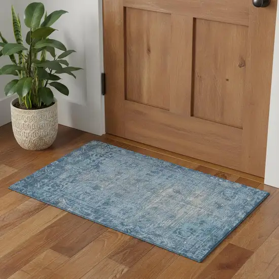 Blue And Silver Oriental Washable Area Rug With UV Protection Photo 1