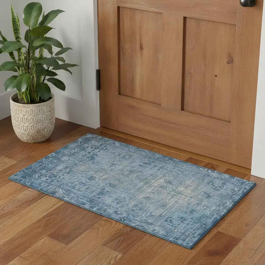 Blue And Silver Oriental Washable Area Rug With UV Protection Photo 1